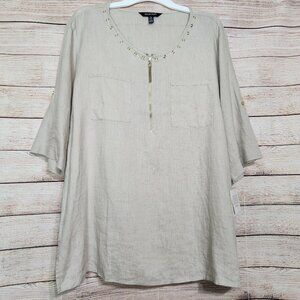 NWT Ellen Tracy 100% Linen Sandstone Roll Tab Sleeve Gold Trim Zipper Size XL